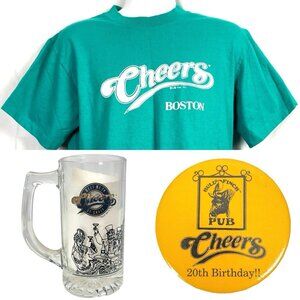 Cheers Boston Vtg T-Shirt Large St. Louis Glass Mug 20th Bday Button Bull Finch